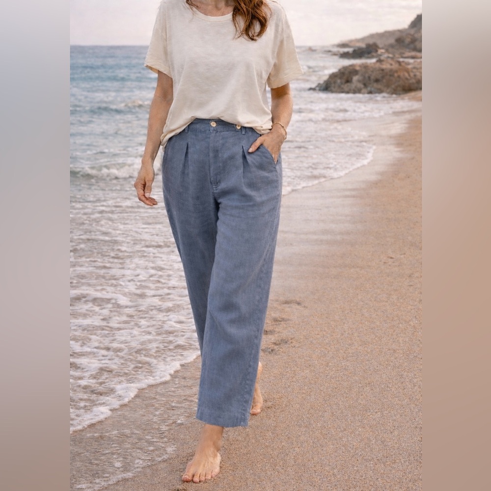 Nicole Miller Pastel Slate Blue 100% Linen Wide-Leg Pants, Size 12